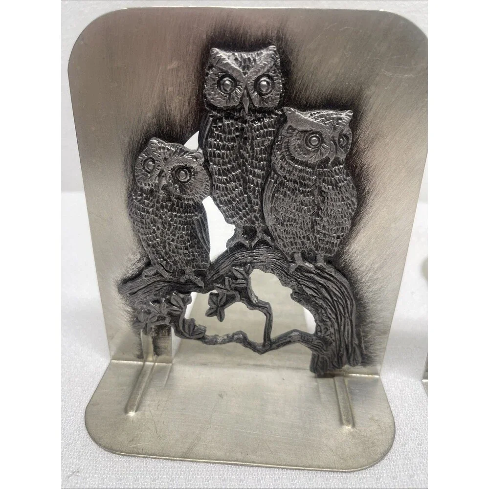 Vintage Owl Bookends Pewter Antiqued Metal Book Ends Three Owls MCM Set of 2 EUC
